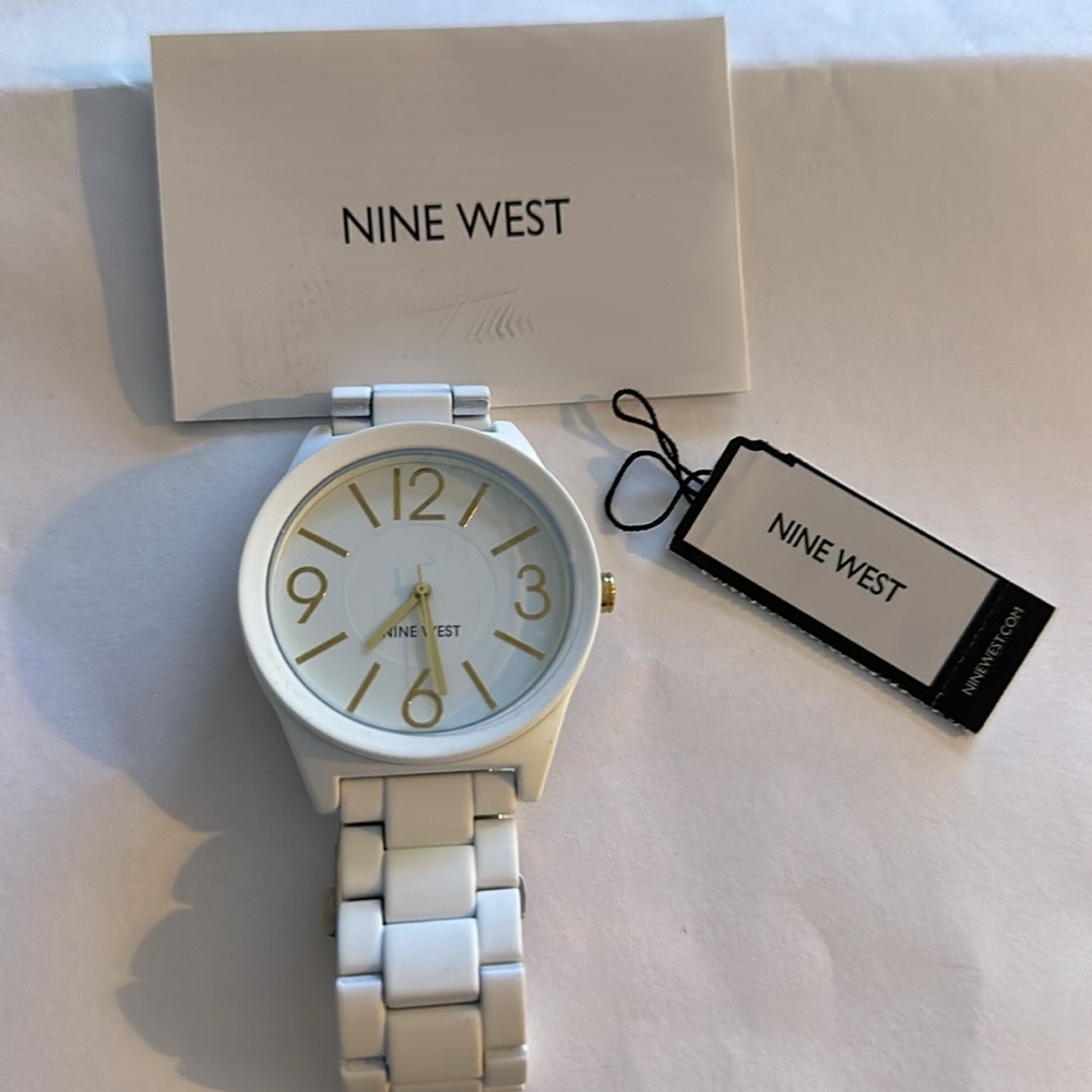 NINE WEST Women's Quartz Matte White Alloy Link Bracelet Watch, 42mm